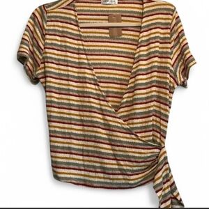 NWT Vestique Earth Tone Striped Ribbed Wrap Tie Top Large
